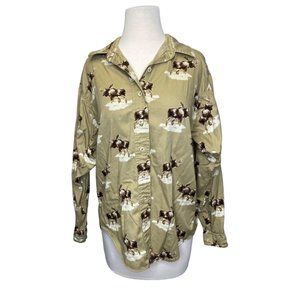 Barn Fly Women’s Medium Shirt Moose Print‎ Tan Brown Long Sleeve Top Collar